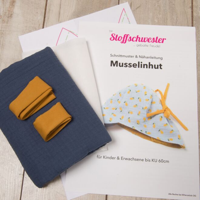 Paket Schnittmuster "Musselinhut" & Stoff "Uni Jeansblau"