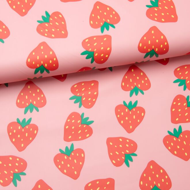 PU Regenmantelstoff Erdbeeren auf rosa