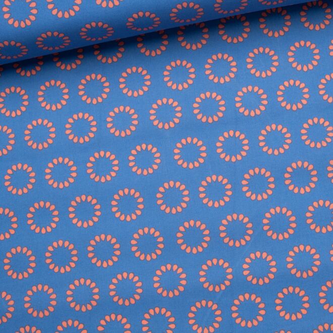 Beschichtete Baumwolle "Circles" blau/koralle