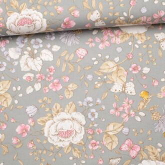 Dekostoff Butterfly & Flowers grau